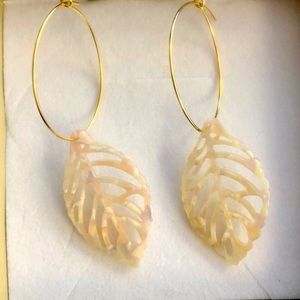 Monstera Leaf Cream Acrylic Earrings on Gold Surgical Steel hoops. Great gift!